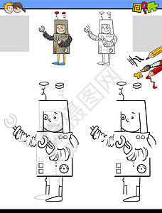 与穿着机器人服装的男孩一起进行绘画和着色任务图片