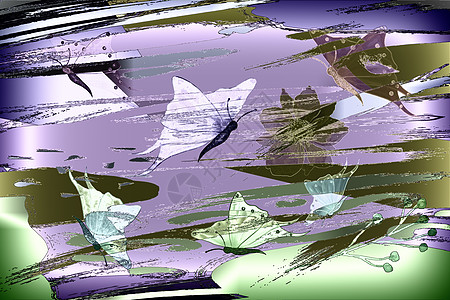 抽象图像空气中五颜六色的蝴蝶和花朵墙纸纸艺阴影昆虫插图水平植物绿色风格装饰图片
