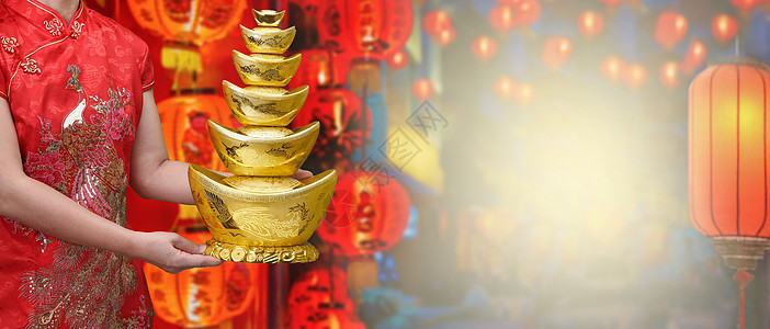 中国新年金币 qian游客庆典衣服女性旅行金子灯笼运气元宝传统图片