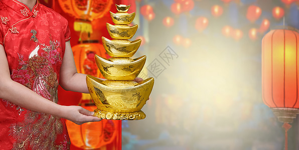 中国新年金币 qian女性运气传统装饰品灯笼节日旅行金锭服饰庆典图片