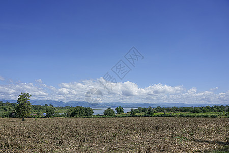 泰国斯里纳卡林储藏所周围的清蓝天空白云 树木和天然草木蓝天池塘森林水库地平线农业山脉云景国家土地图片
