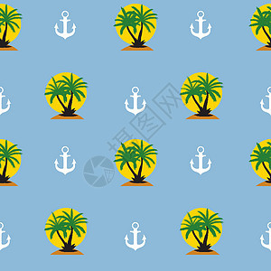 与锚和椰子棕榈树岛的无缝模式 热带壁纸背景 它制作图案矢量墙纸插图太阳旅行航海鲨鱼海滩海浪棕榈海洋图片