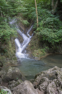 泰国北碧府 Erawan 瀑布周围环绕着小树  大树 绿色 清澈的绿色翡翠水溪流冒险蕨类湿度旅行白内障水分公园外表旅游图片