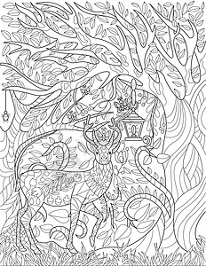 染色灯小鹿躺在草地上 有拱树枝植物火灯无色线条画 野生小鹿在植被上休息与昆虫着色书页森林计算机风格产品文化叶子季节黑与白涂鸦元素插画