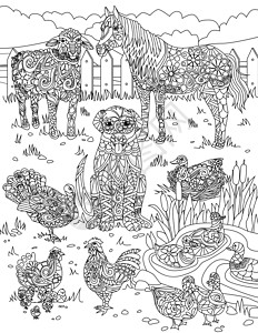 草地上不同的家养动物 小池塘覆盖着栅栏无色线条画 农场生物马牛鸡鸭着色书页图片