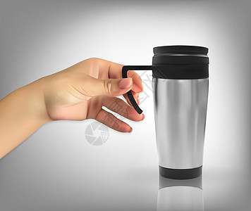 男人自然主义的手拿着逼真的保温杯 3D 模型 它制作图案矢量咖啡旅行金属真空液体塑料烧瓶插图白色饮料图片