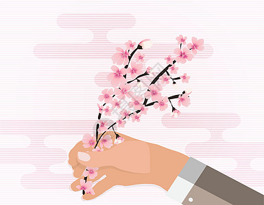 手拿着五颜六色的樱花树枝 它制作图案矢量花瓣白色粉色婚礼季节卡片花园插图图片