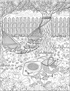 后院有栅栏 树间绑着吊床 旁边是野餐篮 放在亚麻线条图上 放松后花园与布秋千着色书页图片