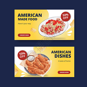 带有美国食品概念的 Twitter 模板 水彩风格烹饪旅行美食媒体国家芝士厨房蔬菜食物早餐图片