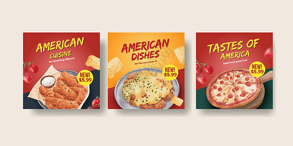 带有美国食品概念的横幅模板 水彩风格盘子汉堡食物牛肉炙烤芝士糕点餐厅午餐早餐图片