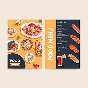 具有美国食品概念的 Munu 模板 水彩风格国家盘子汉堡烹饪早餐厨房咖啡店菜单蔬菜旅行图片