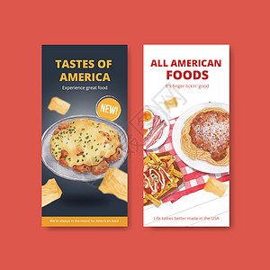具有美国食品概念 水彩风格的传单模板午餐食物盘子厨房餐厅美食旅行汉堡牛肉国家图片