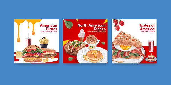 带有美国食品概念的横幅模板 水彩风格牛肉食物糕点盘子广告午餐薯条汉堡厨房炙烤图片