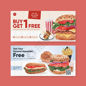 具有美国食品概念 水彩风格的凭证模板广告早餐餐厅国家牛肉汉堡薯条旅行盘子营销图片