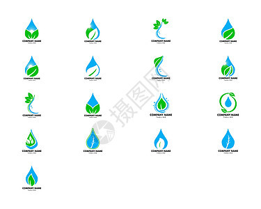 一套水滴叶自然标志设计模板商业生物液体矿物蓝色标识活力公司水滴生态图片