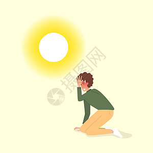 天气炎热 男人在炎热的夏天被晒伤阳光中暑晴天棕褐色卡通片热浪季节太阳温度高温图片