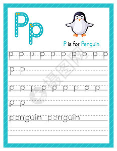 跟踪字母 P 大写和小写 字母追踪练习学前工作表 供孩子们用可爱的卡通动物学习英语 的活动页面 它制作图案矢量痕迹首都打印幼儿园图片
