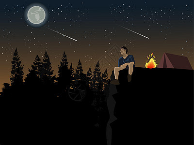 一个人坐在悬崖上看月亮 他在一片松林中扎营 背景是蓝天和星星图片