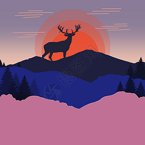 彩色背景上有树木的山峰之间日落光线下的鹿角轮廓彩色图的平面插图图片