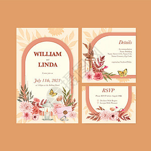婚礼卡模板 水彩风格卡片营销花束明信片季节褐色叶子植物树叶广告图片