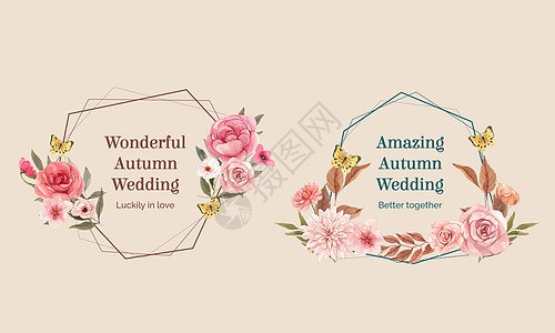 具有婚礼秋季概念的花圈模板 水彩风格邀请函广告植物树叶营销季节花束叶子卡片插图图片