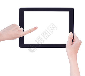 年轻漂亮的女孩拿着一个黑色平板电脑模板 白色屏幕在白色背景上被隔离 特写 模拟 剪裁路径 剪掉小路软垫手机触摸屏笔记本手指小样商图片