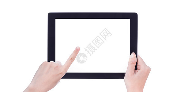 年轻漂亮的女孩拿着一个黑色平板电脑模板 白色屏幕在白色背景上被隔离 特写 模拟 剪裁路径 剪掉手指商业女性触摸屏软垫女士滚动电话图片