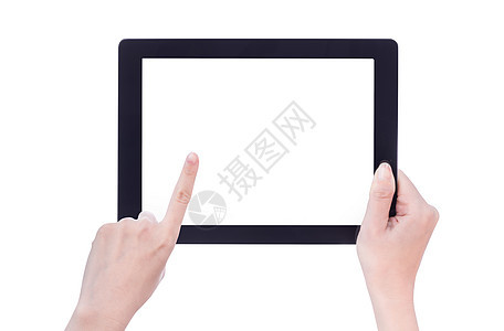年轻漂亮的女孩拿着一个黑色平板电脑模板 白色屏幕在白色背景上被隔离 特写 模拟 剪裁路径 剪掉技术小路触摸屏小样软垫工具手指电话图片