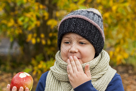 一个男孩在黄色树叶的背景下摆姿势 吃着多汁的红苹果 秋天的心情 收获 一个孩子的秋天画象有一个苹果的 视线森林闲暇眼睛男生橙子季图片