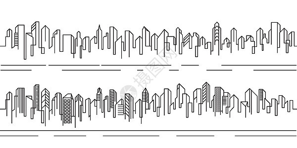 城市建筑线条艺术矢量插图模板办公室建筑学摩天大楼工厂公园全景财产公寓活力绘画图片