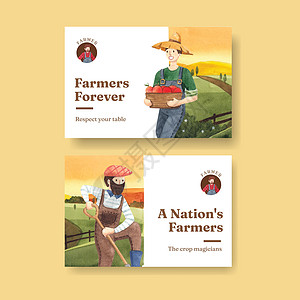具有全国农民日概念 水彩风格的 Facebook 模板营销院子绿色广告场地拖拉机花园社交动物插图图片