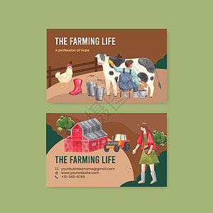 具有全国农民日概念的名片模板 水彩风格卡片乡村场地动物商业古董风车营销院子广告图片