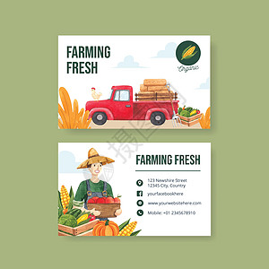 具有全国农民日概念的名片模板 水彩风格绿色风车乡村花园营销古董拖拉机院子卡片场地图片