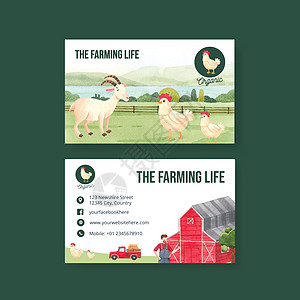 具有全国农民日概念的名片模板 水彩风格风车插图花园动物村庄拖拉机场地商业农场营销图片