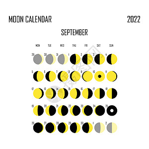 2022 年 9 月月历 占星日历设计 规划师 贴纸的地方 月周期计划器模型 孤立的黑色和白色背景天文学日程八字时间星星主义者满图片