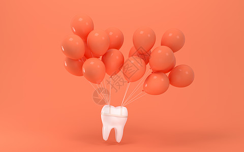 气球和牙齿与橙色 background3d 渲染图片