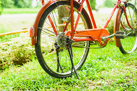 绿色的红色旧自行车天空土地公园孤独车轮场地旅行季节草地车辆图片