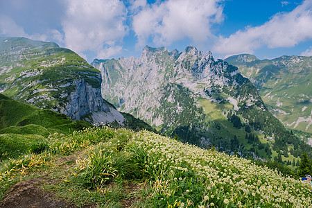 瑞士阿尔卑斯山的巨型岩层 独特的山峰 萨克斯卢克的瑞士阿尔卑斯山悬崖草地高山峡谷山脉旅行爬坡远足石灰石旅游图片