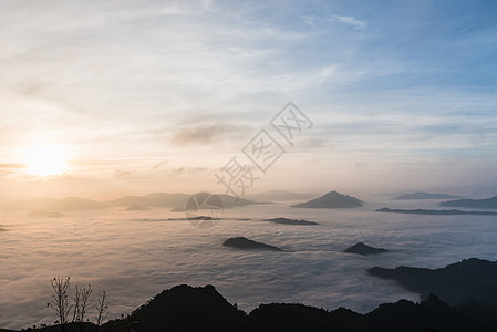 迷雾和云雾山山谷地貌美丽农村爬坡森林公园丛林旅行日落风景国家图片