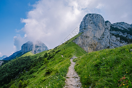 瑞士阿尔卑斯山的巨型岩层 独特的山峰 萨克斯卢克的瑞士阿尔卑斯山悬崖编队风景旅行花朵岩石草地远足爬坡山脉图片