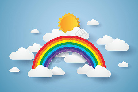 蓝天与彩虹和云纸艺术风格天空折纸空气太阳蓝色工艺创造力卡片阳光墙纸图片