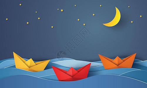 夜间航行在蓝色海洋中的折纸船 纸艺万能图片