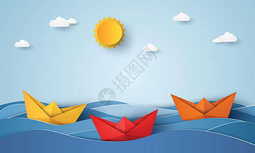 折纸船航行在蓝色的海洋纸艺术万科折纸冲浪剪纸巡航天空插图海景太阳导航帆船图片