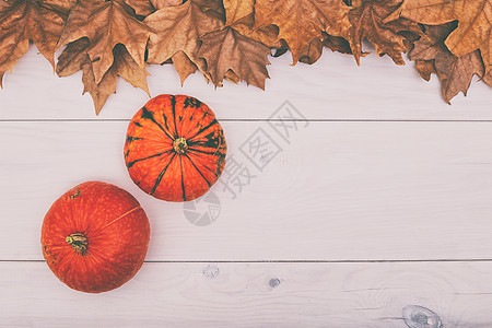 木制桌上南瓜和秋叶的图象木头感恩橙子蔬菜食谱美食生食壁球健康饮食植物图片