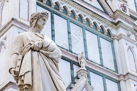 意大利托斯卡纳州佛罗伦萨的但丁阿利吉耶里雕像 令人惊叹的蓝天背景石头城市诗人艺术景观历史性作家古董地标文学图片