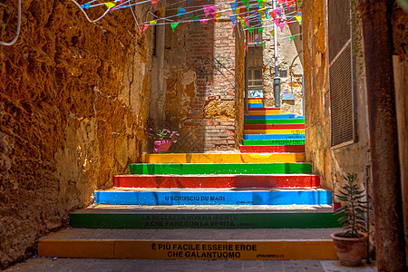 著名的西西里作家的楼梯旅游手绘城市手工业陶器艺术脚步季节街道建筑学图片