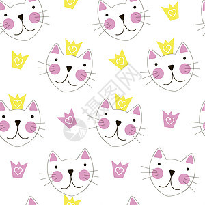 可爱的手绘猫与皇冠无缝图案背景卡通片艺术宠物草图黑色微笑涂鸦白色潮人绘画图片
