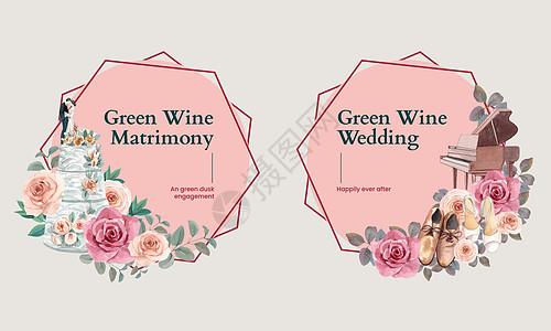 花圈设计与绿酒婚礼概念 水彩风格绿色植物广告插图乡村植物牡丹绘画问候语红色圆圈图片