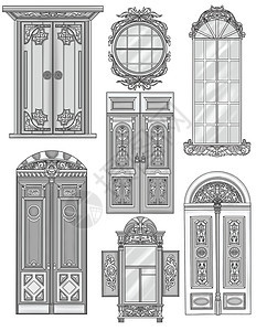不同的门窗经典设计无色线条图 老式木门和玻璃窗框雕刻设计着色书页图片