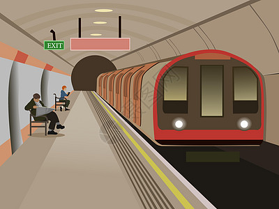 铁路隧道地铁站的位置有火车和乘客等候 背景是白色隧道插画